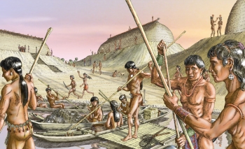 Daily life of Calusa Indians, by Merald Clark. This is a  modern drawing of what a day in the life of a Calusa tribe member. From the Florida Museum of Natural History